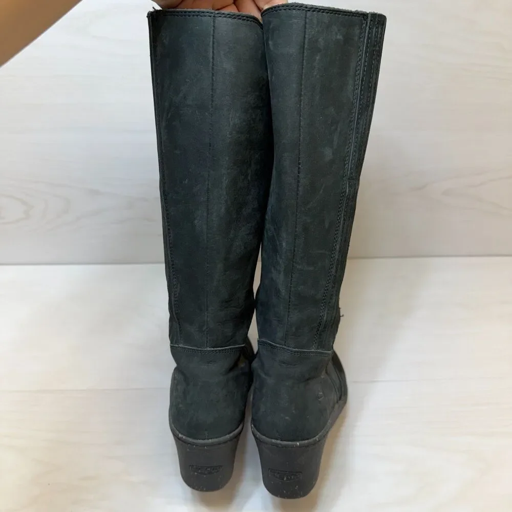 KEEN Zurich High Boot Womens Size 8.5 Black Leather Wedge Heel Mid Calf Side Zip
